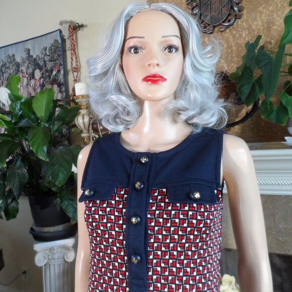 Tory Burch Silk/Wool Navy Blue/Red/White Print Sheath Dress Size XS - Picture 5 of 16